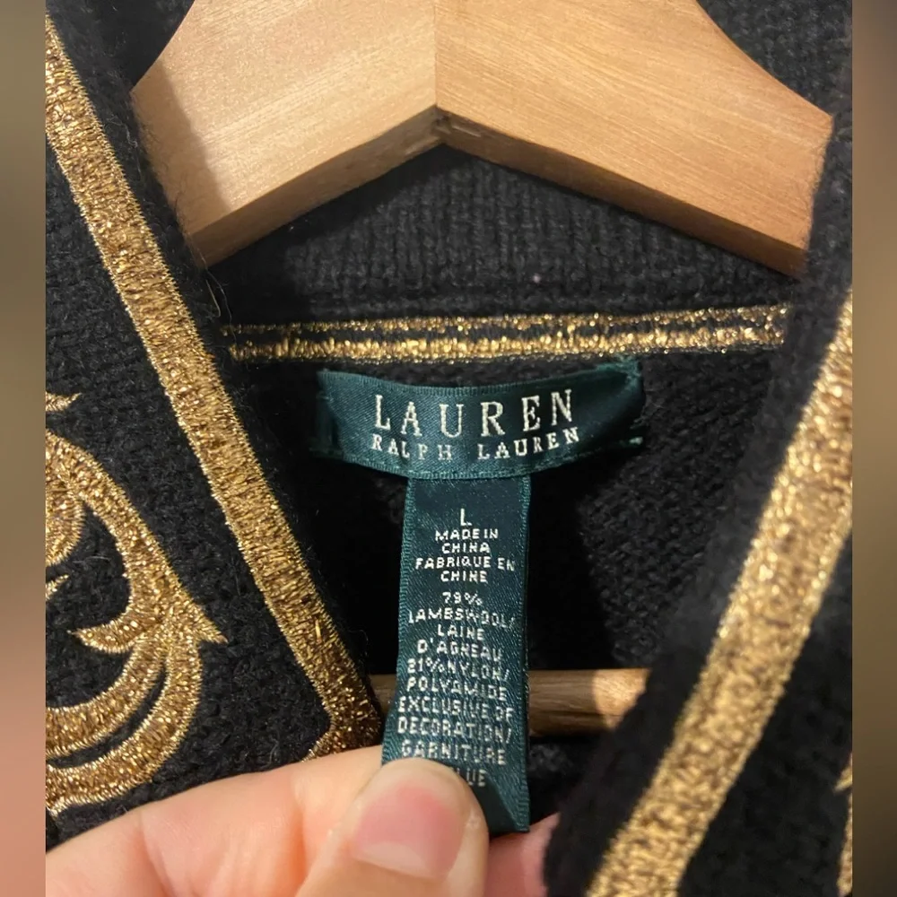 Lauren Ralph Lauren Women  Black Wool Gold Embroidered Sweater Jacket Blazer L - Picture 2 of 3